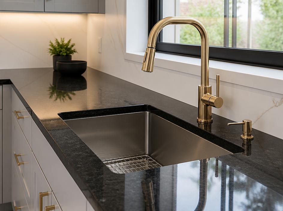 Kitchen faucet installation by Plumb Bros Ltd. — brushed gold pull-down faucet and undermount sink on dark granite countertop