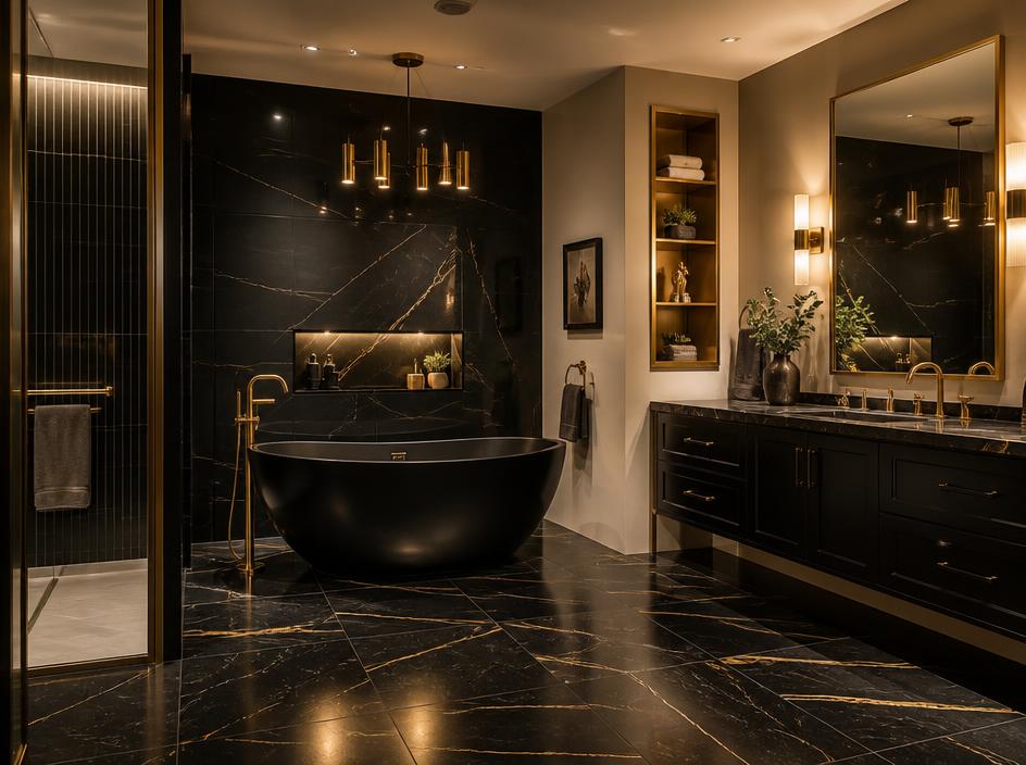 Complete bathroom renovation by Plumb Bros Ltd. in Collingwood with freestanding tub, black marble tile and brushed gold fixtures